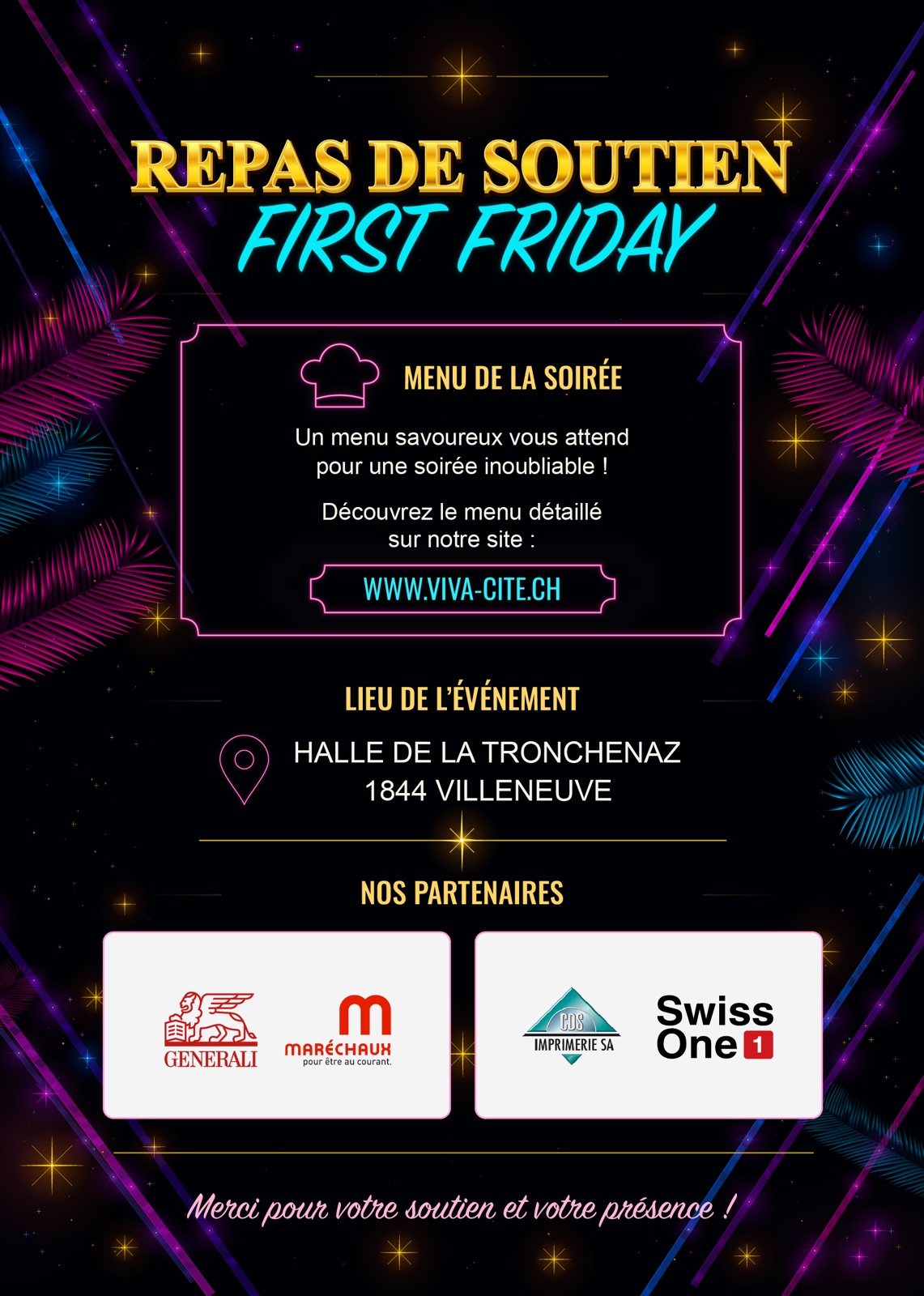 Verso de l’affiche du repas de soutien avec le lieu et les partenaires